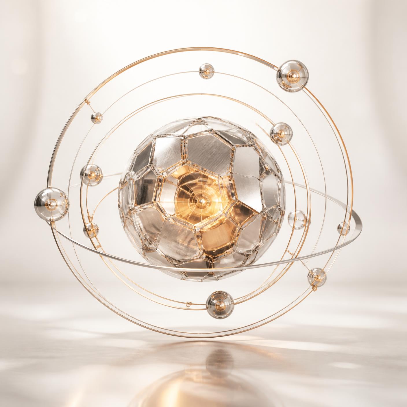 An abstract glass and brushed-metal intelligence core with orbital rings