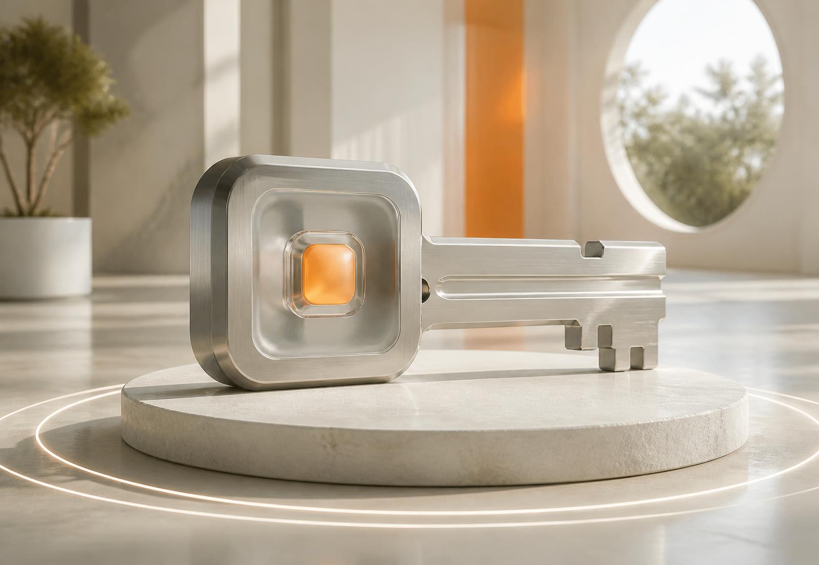 A brushed-titanium and frosted-glass key module resting on a pale stone plinth in daylight