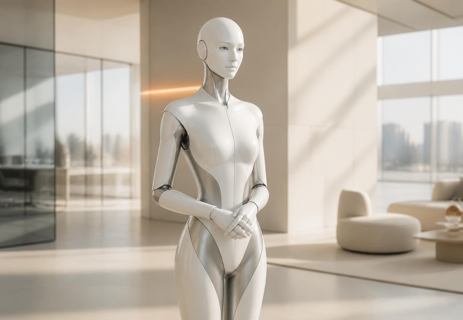 ORA, an elegant white and brushed-aluminium AI assistant, working in a bright daylit office atrium