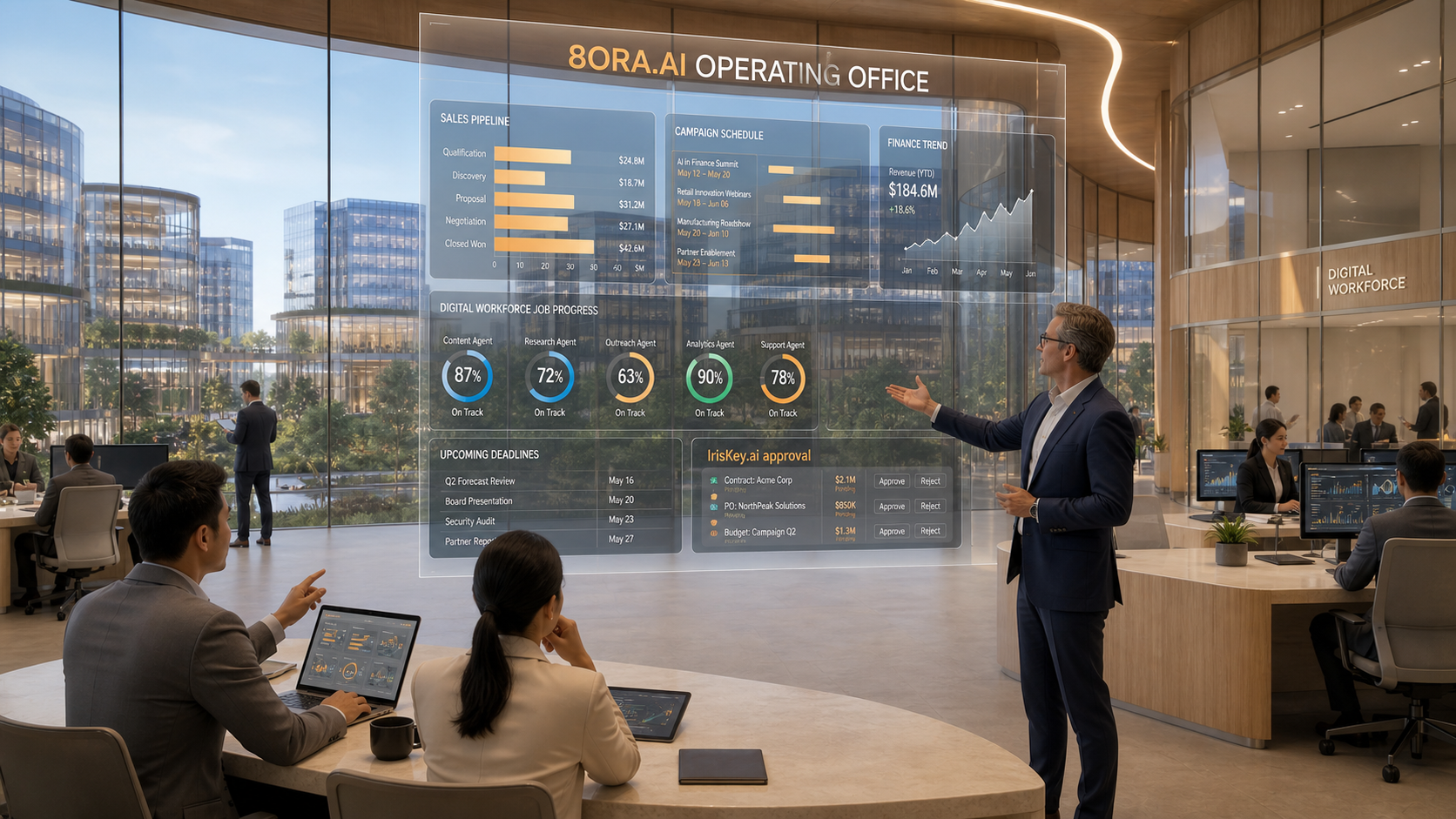 A bright 8ORA.AI operating office with live business process information