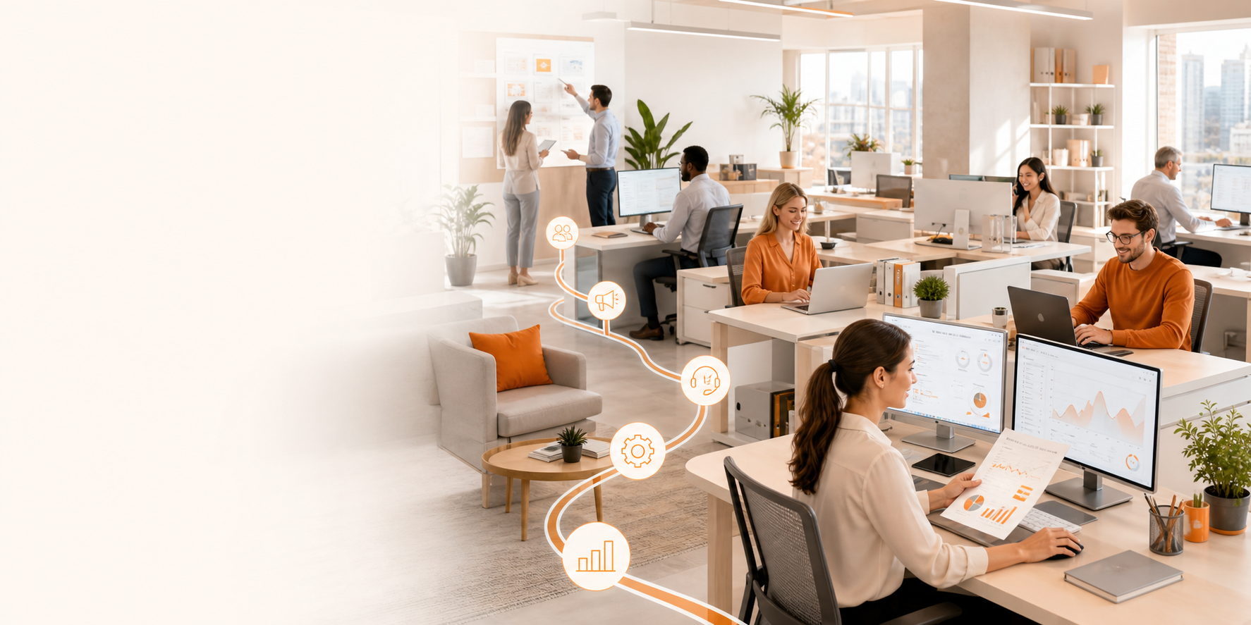 A bright 8ORA.AI digital office with specialist workers handling the business backend